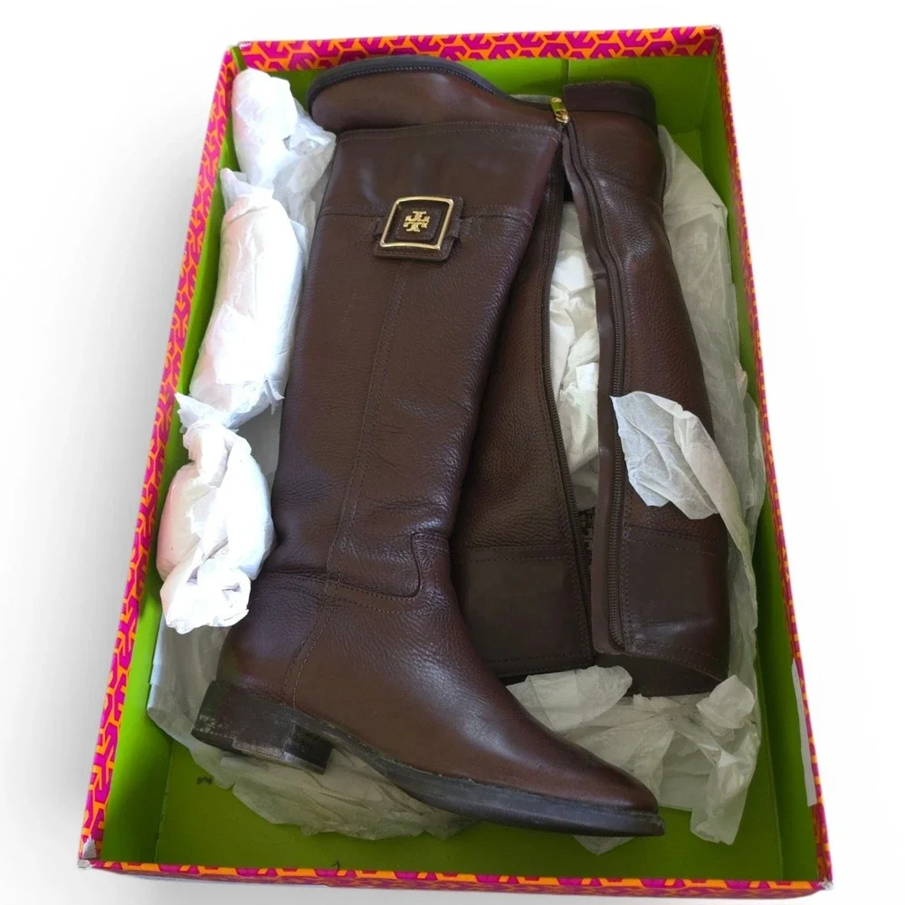 Tory Burch Julian 30mm Riding Boot Women's 7.5 Fig Brown Leather Side Zip Buckle
